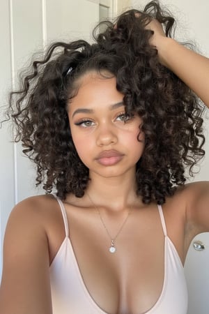 A beautiful young 16-20 years old blue eyed, golden brown skin spanish girl, mixed american spanish heritage girl with deep blue eyes and thick curly tamed curly afro hair. puerto rican girl, girl taking an instagram/Pinterest selfie in her room at her home, a very elegant girl wearing beige with a white backdrop of her home, sexy yet innocent,

iPhone Photography,sama,iPhone Photography,long hair,iPhone Photography,wavy hair,iPhone Photography,iPhone Photography,Amyra