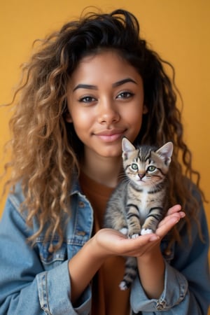 Create a stunning portrait of an 18-year-old mixed-heritage girl, blending South African and Japanese roots:
-  Carmel with subtle sheen
- Almond-shaped asian eyes, full lips, small button nose, small petite nose, braces, 
- Structured cheek bones, feminine features, 
- Long curly hair 
- Petite, toned physique (5'3", 125 lbs, 34" waist) head fits body, realistic body
- Asian swag, baggy clothes, brown shirt with a denim jean jacket
- Minimal makeup, natural glow
- bright smile, pearly white teeth

Capture her essence: American girl, mixed race, beautiful blend."

Realistic, photo real, photo realistic, real,

A young woman with a radiant smile and sparkling green eyes gently cradles a tiny, adoptable kitten in the palm of her hand. The kitten, a fluffy ball of grey and white fur, gazes up at her with big, round eyes, as if mesmerized by her kindness. The woman's delicate features and soft, curly blonde hair create a warm, nurturing aura, as if she's a guardian angel sent to care for this little bundle of joy. The background is a soft, sunny yellow, evoking feelings of warmth and happiness. The woman's eyes light up with delight as she whispers sweet nothings to the kitten, creating a heartwarming moment that's both tender and adorable