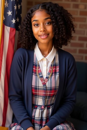 A 19-year-old melanated girl with puffy shoulder length type 4 curly hair indian brown skin mixed with puerto Rican and Cuban heritage, light brown, black American,

"Describe a private school girl in a traditional uniform: Wearing a: - White blouse with a conservative collar - Blue with red and white jumper Plaid or pleated skirt ( just above knee or shorter, not too short*) - Navy blue or dark-colored blazer or cardigan - White socks and black shoes (loafers or Mary Janes) Pose: - Sitting with hands clasped or holding a graduation hat or diploma - Soft, gentle smile, with or without teeth Background: - A warm, American flag, full brick background Include details: - Neat, stylish hairstyle (e.g., ponytail, loose hair) - Minimal jewelry (e.g., simple watch, classic earrings, necklace) - Innocent, yet captivating expression Convey a sense of: - Polished elegance - Youthful charm - Intelligent, confident demeanor" To add subtle appeal without revealing skin: - Emphasize the uniform's fitted silhouette - Highlight the subject's bright, expressive eyes - Capture a soft, natural light illuminating the scene

Natural lighting, no exposure