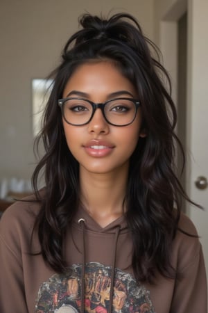 Create a breathtakingly realistic portrait of an 18-year-old mixed-heritage girl, blending South African and Japanese roots:

- Relaxing at home, in her bathroom taking a selfie
- Cinnamon, Mocha brown skin with subtle sheen
- Almond-shaped Asian eyes, full lips, small button nose, braces
- Structured cheekbones, feminine features

*Hair:*

- EXTRA LONG, WAIST-LENGTH DARK HAIR (below the waist)
- LUSH, CURLY LOCKS (tail bone length)
- LONG HAIR, LONG CURLS, FLOWING HAIR
Longer hair, in a pony tail, all hair in pony tail, no hair out

*Physique:*

- Petite, toned (5'3", 125 lbs, 34" waist)
- Proportionate, realistic body

*Outfit:*

- brown dope/cool printed pull over hoodie with hope and pull strings
- Matching denim jeans

*Accessories:*

- *PRESCRIPTION GLASSES* (black square framed)
- Glasses, specs, eyewear (emphasize)

*Makeup and Pose:*

- Minimal makeup, natural glow
- Confident pose, bright smile, pearly white teeth

*Essence:*

- American girl, mixed race, beautiful blend
- Captivate her relaxed, carefree spirit

*Quality:*

- Realistic, photo-real, photo-realistic, real-life
- High-resolution, ultra-detailed, photorealistic textures
- Razor-sharp edges, crystal-clear facial features, 

Square Shaped prescription glasses on all generates

Why is it so hard for you to make her hair long? Long hair please