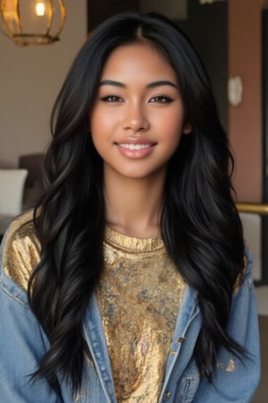 Create a stunning portrait of an 18-year-old mixed-heritage girl, blending South African and Japanese roots:

- Chilling, hanging out at home, in a coffee shop with her laptop
- Cinnamon, Mocca brown skin with subtle sheen
- Almond-shaped asian eyes, full lips, small button nose, small petite nose, braces, 
- Structured cheek bones, feminine features, 
- Long wavy hair
- Petite, toned physique (5'3", 125 lbs, 34" waist) head fits body, realistic body
- Asian swag, baggy clothes,   gold shirt with a denim jean jacket
- Minimal makeup, natural glow
- Confident pose, bright smile, pearly white teeth, braces

Capture her essence: American girl, mixed race, beautiful blend."

Realistic, photo real, photo realistic, real,