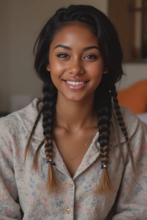 Here's the rewritten prompt in words:

"Create a stunning portrait of an 18-year-old mixed-heritage girl, blending South African and Japanese roots:

- Chilling, hanging out at home, in  her bedroom with her laptop
- Cinnamon, Mocca brown skin with subtle sheen
- Almond-shaped asian eyes, full lips, small button nose, small petite nose, braces, 
- Structured cheek bones, feminine features, 
- Long straight hair in two braids, all hair in braids, light hair out on the side
- Petite, toned physique (5'3", 125 lbs, 34" waist) head fits body, realistic body
- Chic pajamas
- Minimal makeup, natural glow
- Confident pose, bright smile, pearly white teeth

Capture her essence: American girl, mixed race, beautiful blend."

Realistic, photo real, photo realistic, real