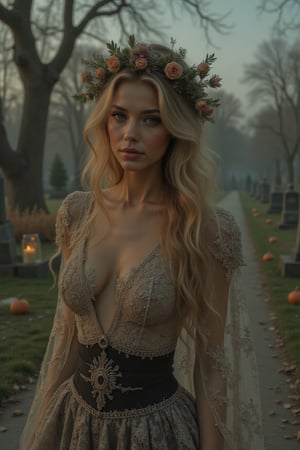 Hair- long, wavy, blonde 
Skin- fair, olive 
"A hauntingly beautiful ghostly pumpkin queen reigns supreme, shrouded in mystery and darkness. Her ethereal form glows softly, illuminated by flickering candles and moonlight. Black tears trickle down her porcelain face, contrasting with the delicate, gemstone-encrusted filigree adorning her tattered, lace wedding gown.

Intricate details:

- Delicate, swirling vines and flowers in her raven-black hair
- Glittering, spider-web-like threads weaving through her gown
- Tiny, shimmering pumpkins and bats scattered throughout her attire
- Ghostly, translucent wings unfolding from her back

Setting:

- Abandoned, overgrown churchyard, with crumbling headstones and twisted trees
- Soft, eerie fog rolls in, shrouding the scene in mystery

Artistic style:
- Inspired by WLOP and Craola, blending dark fantasy and whimsy
- Hyperrealistic, ultra-detailed, and luminous, with film grain texture
- Cinematic quality, sharp focus, and crystal clarity

Mood:
- Haunting, mystical, and enchanting, with a touch of macabre whimsy,