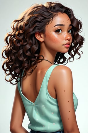 Clean Cartoon-brushstrokes Painting, crisp, simple, colored_lineart_illustration style, 1 woman, (21 years old), melanated female, brown skin, dark skin, type 4 hair, curly hair, realism, back side profile, back side of body, bak dorso, profile, 180 degree turn. back of head, whole body facing  back side, mugshot, facing back wall, no face, back wall, v-neck shirt, dimples, innocent, feminine, soft, freckles, whimsical, young, vibrant, adorable, slender/petite body shape, normal size head, head that fits body, high quality, masterpiece ,3D