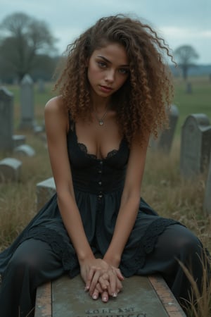 "Capture a candid photo of a stunning 18-year-old girl, year-old petite teenager, young, youth, child, kid, blending Black and Spanish heritage. She has fluffy curly brown hair, Type 4 hair, lush and vibrant, long curly hair, middle part.

In the depths of a forsaken, rural cemetery, a mysterious young vampire girl with raven-black hair and piercing, crimson-rimmed eyes sits atop a weathered tombstone, her slender fingers tracing the epitaph of a long-forgotten soul. Adorned in a tattered, black Victorian dress that falls above her knees, she gazes down at the freshly disturbed earth before her, where a withered hand breaks through the soil, as if summoned by her dark presence. The overcast sky casts an eerie, silver glow upon her porcelain skin, illuminating the intricate, gothic lace that adorns her neck and wrists. A subtle, mischievous smile plays on her lips as she contemplates the ancient power stirring beneath her. The air is heavy with the scent of damp earth and decay, and the trees seem to lean in, as if witnessing the awakening of a centuries-old evil."