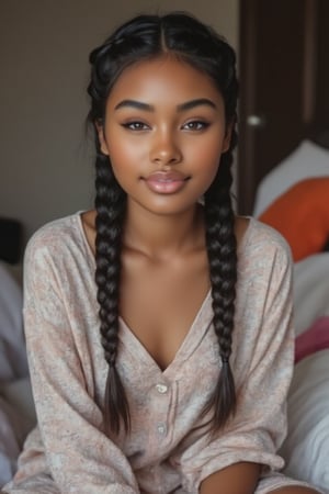 Here's the rewritten prompt in words:

"Create a stunning portrait of an 18-year-old mixed-heritage girl, blending South African and Japanese roots:

- Chilling, hanging out at home, in  her bedroom with her laptop
- Cinnamon, Mocca brown skin with subtle sheen
- Almond-shaped asian eyes, full lips, small button nose, small petite nose, braces, 
- Structured cheek bones, feminine features, 
- Long straight hair in two braids, all hair in braids, light hair out on the side
- Petite, toned physique (5'3", 125 lbs, 34" waist) head fits body, realistic body
- Chic pajamas
- Minimal makeup, natural glow
- Confident pose, bright smile, pearly white teeth

Capture her essence: American girl, mixed race, beautiful blend."

Realistic, photo real, photo realistic, real,braid_dutch