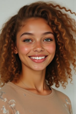 Capture a candid photo of a stunning 18-year-old girl, year-old petite teenager, young, youth, child, kid, blending Black and Spanish heritage. She has fluffy curly brown hair, Type 4 hair, lush and vibrant, long curly hair, middle part. *Softened Square Features:* 1. "Strong, yet delicate square jawline." 2. "Angular features softened by gentle curves." 3. "Square head shape with rounded edges." 4. "Feminine square face with subtle, refined lines." Describe a stunning golden brown girl with: - Curly, golden brown hair - Bright hazel eyes - button nose - Full, heart-shaped lips - Warm, radiant complexion" *Setting:* - Natural light (near a window or outside) - Soft, pastel-colored background (optional) - Minimal distractions *Pose:* - Relaxed, slight smile - Chin slightly tilted up - Shoulders back, confident posture - Hair styled naturally *Expression:* - Genuine, warm smile - Sparkling eyes - Subtle, natural makeup (optional) *Outfit* - beige printed sweater with a pull strings and a hoodie *Style Influences:* - Soft focus or subtle filter - Natural colors and lighting - Authentic, effortless vibe *Capture:* - A moment of self-love and confidence - A glimpse of your personality - A beautiful, genuine smile *Figure*-Average 5’3”, 115lbs,- "High-res" - "Ultra-detailed" - "Photorealistic" - "Sharp focus" - "Crystal clarity" - "Cinematic quality"