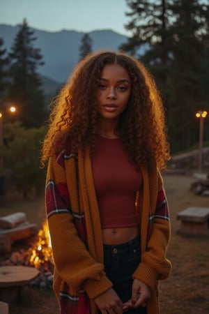 Generate an image of a stunning 18-year-old petite teenager, young, youth, child, kid, blending Black and Spanish heritage. She has fluffy curly golden brown hair, Type 4 hair, lush and vibrant, falling in loose waves down her back.

Setting:
- Outdoor: A serene mountain campsite at dusk, mountain view
- Soft, warm lighting with subtle shadows and twinkling string lights
- Tall trees surrounding a cozy clearing, with a crackling campfire and rustic wooden benches
- Camping gear and equipment subtly integrated into the scene

Physical Description:
- Fair skin with a subtle, sun-kissed glow
- Bright, expressive hazel eyes

Outfit:
- Comfortable, fall/autumn-toned (red, burgundy, yellow, green, brown) fitted top (flannel or fleece)
- Practical leggings
- Warm, cozy cardigan 
- Sturdy hiking boots

Style:
-Effortless, coastal chic
- Confident, carefree, innocent pose, free, happy

Mood:
- Serene, joyful, and radiant
- Capturing the essence of a relaxed summer afternoon
Inspired by singer Tyla's vibrant energy and style, create a breathtaking image that embodies beauty, elegance, and a laid-back coastal vibe.