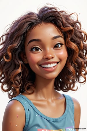 Clean Cartoon-brushstrokes Painting, crisp, simple, colored_lineart_illustration style, 1 woman, winking, smiling, (21 years old), real, realistic, realism, melanated female, brown skin, dark skin, cinnamon brown skin, black girl, type 4 hair, dark brown hair, brown on brown hair, curly hair, shoulder length hair, freckles on face only, beautiful, quirky, dimples, feminine, soft, whimsical, happy, young, vibrant, adorable, slender/petite body shape, normal size head, head that fits body, high quality, masterpiece ,3D