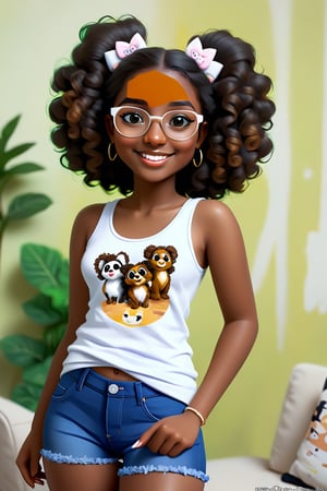 Clean Cartoon-brushstrokes Painting, 1 woman with koala ears, mashup, morph, morphing, and a tail (21 years old), melanated female, brown skin, dark skin, type 4 hair, curly hair, realism, home, on the couch, self_shot, fully clothed, beautiful, quirky, glasses, smiling, with teeth, dimples, feminine, soft, freckles, whimsical, happy, young, vibrant, adorable, tank top, slender/petite body shape, normal size head, head that fits body, jeans, cardigan shirt, high quality, masterpiece ,3D, Furry Mix