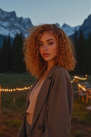 Generate an image of a stunning 18-year-old girl, blending White and Spanish heritage. Olive, goldfish skin tone. She has short, shoulder length, strawberry blonde, ginger, natural, Ed sheerans hair, curly, wavy hair, lush and vibrant, falling in loose waves down her back.

Setting:
- Outdoor: A serene mountain campsite at dusk, mountain view
- Soft, warm lighting with subtle shadows and twinkling string lights
- Tall trees surrounding a cozy clearing, with a crackling campfire and rustic wooden benches
- Camping gear and equipment subtly integrated into the scene

Physical Description:
- Fair skin with a subtle, sun-kissed glow, olive goldish skin tone
- Bright, expressive blue eyes
- Petite, thin,
- Smiling
- slim feminine beautiful exotic facial features 
- regular lips

Outfit:
- Comfortable, od green loose pastel blouse (flannel or fleece)
- Practical hiking leggings
- Warm, cozy cardigan

Style:
-Effortless, coastal chic
- Confident, carefree, innocent pose

Mood:
- Serene, joyful, and radiant
- Capturing the essence of a relaxed summer afternoon
Inspired by singer Tyla's vibrant energy and style, create a breathtaking image that embodies beauty, elegance, and a laid-back coastal vibe.