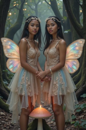 Create a stunning portrait of 18-year-old twins mixed-heritage girl, blending South African and Japanese roots:  - Cinnamon, Mocca brown skin with subtle sheen - Almond-shaped asian eyes, full lips, small button nose, small petite nose, braces, - Structured cheek bones, feminine features, 2 girls, Twins, two girls, sisters, siblings, girls, not alone, side by side,

Identical twin fairies, Luna and Aria, perch on a glowing mushroom, amidst an enchanted forest. Their iridescent wings shimmer softly, reflecting hues of lavender, blue, and green. Their porcelain skin glows with an ethereal light, illuminated by fireflies dancing around them.

Attire:

- Matching, intricate, flower-petal dresses, with delicate vines and sparkling dew
- Slender, gemstone-encrusted circlets around their foreheads
- Hair flowing like honey-gold silk, with subtle, shimmering highlights

Setting:

- Whispering woods, with ancient trees, twinkling fireflies, and misty shadows
- Glowing mushrooms and soft, luminescent flowers surround them
- Hidden pathway behind them, winding into the mystical forest

Intricate details:

- Delicate, sparkling dust trails their movements
- Tiny, shimmering creatures (e.g., sprites, pixies) flit around them
- Ancient, gnarled tree roots form a natural throne beneath them

Twin details:

- Mirrored poses, with Luna facing left and Aria facing right
- Subtle, contrasting colors: Luna's dress has blue accents, Aria's has pink
- Shared, glowing aura surrounding them, symbolizing their twin bond

Artistic style:

- Inspired by fantasy, mythology, and whimsical illustration
- Hyperrealistic, ultra-detailed, and luminous, with subtle texture
- Cinematic quality, sharp focus, and crystal clarity

Mood:

- Enchanting, mystical, and dreamy, with a touch of wonder

Mariah and Makayla