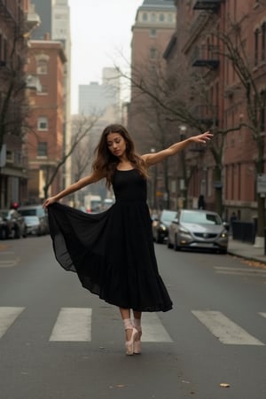 _Elegant Swan_

Capture a serene moment of a young ballerina posing en pointe in the heart of New York City.

_Scene:_

- Quiet Manhattan street (e.g., Upper East Side, Greenwich Village)
- Iconic NYC architecture or historic brownstones in the background
- Soft, natural lighting (early morning or late afternoon)

_Action:_

- 16-20 year old ballerina posing gracefully en pointe
- Wearing a sleek black dress (tea-length or floor-length)
- Pink pointe shoes with ribbons wrapped elegantly around her ankles

_Mood:_

- Elegant, ethereal beauty
- Poised, confident demeanor
- Timeless, ageless appeal

_Style:_

- Inspired by Jordan Matter's photography style (dramatic, dynamic, and emotive)
- Soft focus, subtle shadows
- Emphasis on graceful lines and movement

_Inspiration:_

- Jordan Matter's "Dancers Among Us" series
- Swan Lake
- NYC ballet companies
- Fine art photography,

Ariya,hazel eyes,deep dimples,golden brown skin,long wavy hair,aesthetic_pose,dynamic_pose