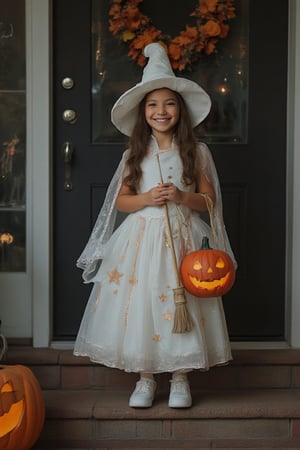 A smiling little girl sith deep dimples, dressed as a the friendly witch, wearing a sparkly white witch costume, stands confidently at the doorstep, clutching a pumpkin-shaped candy bucket and grinning mischievously. Her bright white wig contrasts with her tiny crystal blue, white sparkly dress, adorned with glittering stars and a miniature broomstick. As she knocks, her big hazel eyes shine with excitement, anticipating the treats to come. The door creaks open, revealing a spooky interior, but her infectious grin illuminates the darkness. 'Trick or treat!' she exclaims, her voice dripping with enthusiasm."

Ariya,hazel eyes,deep dimples,golden brown skin,long wavy hair,Halloween style