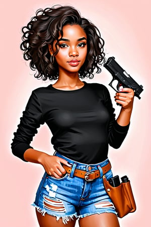 Clean Cartoon-brushstrokes Painting, crisp, simple, colored_lineart_illustration style, 1 woman, carrying a p226 legion, compact, Sig Sauer, holster, EDC, civilian  (21 years old), melanated female, brown skin, brown skin, brown, light black girl, type 4 hair, curly hair, realism, seductive, sexy, B cup size, small breast, innocent, promiscuous, feminine, innocent, whimsical, happy, young, vibrant, adorable, slender/petite body shape, normal size head, head that fits body, regular clothes, background of suburbs, jeans, gun in holster, realism, realistic, real photo, high quality, masterpiece,