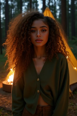 Generate an image of a stunning 18-year-old petite teenager, young, youth, child, kid, blending Black and Spanish heritage. She has fluffy curly golden brown hair, Type 4 hair, lush and vibrant, falling in loose waves down her back.

Setting:
- Outdoor: A serene forest campsite with a tent at dusk
- Soft, warm lighting with subtle shadows and twinkling string lights
- Tall trees surrounding a cozy clearing, with a crackling campfire and rustic wooden benches
- Camping gear and equipment subtly integrated into the scene

Physical Description:
- Fair skin with a subtle, sun-kissed glow
- Bright, expressive hazel eyes

Outfit:
- Comfortable, green earth-toned camping shirt (flannel or fleece)
- Practical hiking pants or leggings
- Warm, cozy cardigan 
- Sturdy hiking boots

Style:
-Effortless, coastal chic
- Confident, carefree, innocent pose

Mood:
- Serene, joyful, and radiant
- Capturing the essence of a relaxed summer afternoon
Inspired by singer Tyla's vibrant energy and style, create a breathtaking image that embodies beauty, elegance, and a laid-back coastal vibe.