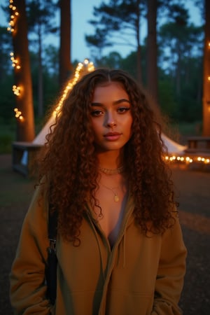 Generate an image of a stunning 18-year-old petite teenager, young, youth, child, kid, blending Black and Spanish heritage. She has fluffy curly golden brown hair, Type 4 hair, lush and vibrant, falling in loose waves down her back.

Setting:
- Outdoor: A serene forest campsite with a tent at dusk
- Soft, warm lighting with subtle shadows and twinkling string lights
- Tall trees surrounding a cozy clearing, with a crackling campfire and rustic wooden benches
- Camping gear and equipment subtly integrated into the scene

Physical Description:
- Fair skin with a subtle, sun-kissed glow
- Bright, expressive hazel eyes

Outfit:
- Comfortable, earth-toned camping shirt (flannel or fleece)
- Practical hiking pants or leggings
- Warm, cozy camping jacket or hoodie
- Sturdy hiking boots

Style:
-Effortless, coastal chic
- Confident, carefree, innocent pose

Mood:
- Serene, joyful, and radiant
- Capturing the essence of a relaxed summer afternoon
Inspired by singer Tyla's vibrant energy and style, create a breathtaking image that embodies beauty, elegance, and a laid-back coastal vibe.