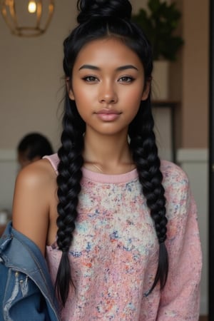 Here's the rewritten prompt in words:

"Create a stunning portrait of an 18-year-old mixed-heritage girl, blending South African and Japanese roots:

- Chilling, hanging out at home, in a coffee shop with her laptop
- Cinnamon, Mocca brown skin with subtle sheen
- Almond-shaped asian eyes, full lips, small button nose, small petite nose, braces, 
- Structured cheek bones, feminine features, 
- Long straight hair in two braids, all hair in braids, light hair out on the side
- Petite, toned physique (5'3", 125 lbs, 34" waist) head fits body, realistic body
- Asian swag, baggy clothes, pink and white sweater, blue baggy pants
- Minimal makeup, natural glow
- Confident pose, bright smile, pearly white teeth

Capture her essence: American girl, mixed race, beautiful blend."

Realistic, photo real, photo realistic, real, braid_dutch