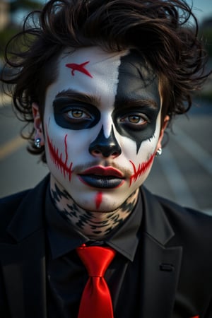 a close-up of a spanish American male, white sclera, natural curly hair, brown/black hair, light brown eyes, hazel eyes, skull makeup, black lipstick, muscular, toned male, abs, nose and eye brow piercing, black suit, red tie, horror_theme, posing, outdoors, night, scenery, a photorealistic, 8K, ultra-detailed, best quality, super fine illustration, detailed light, realistic lighting, symmetrical face paint, white and black,Handsome,Amari,mixed race,Spanish,full lips handsomeAmari