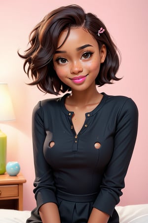 Clean Cartoon-brushstrokes Painting, crisp, simple, colored_lineart_illustration style, 1 woman, (21 years old), realism, realistic, real, melanated female, black girl, light skin brown, brown skin, dark skin, type 4 hair, brown hair, straight hair, short hair, realism, bedroom_eyes, home, bedroom, smiling, clothes, cleavage cutout, cleavage, B cup size, small breast, model, pose, posing, photography, studio Instagram, fully clothed, fully dressed, black outfit, beautiful, quirky, dimples, flirtatious, innocent, promiscuous, feminine, soft, soft make up, light pink lips, mascara, innocent, freckles, whimsical, happy, young, vibrant, adorable, slender/petite body shape, normal size head, head that fits body, high quality, masterpiece ,3D