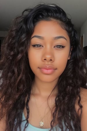 Create a stunning portrait of an 18-year-old mixed-heritage girl, blending South African and Japanese roots:
-  Carmel with subtle sheen
- Almond-shaped asian eyes, full lips, small button nose, small petite nose, braces, 
- Structured cheek bones, feminine features, 
- Long curly hair 
- Petite, toned physique (5'3", 125 lbs, 34" waist) head fits body, realistic body
- Asian swag, modern day outfit, cultured outfit
- Minimal makeup, natural glow
- bright smile, pearly white teeth

Capture her essence: American girl, mixed race, beautiful blend."

Realistic, photo real, photo realistic, real,

Hanging out in her bedroom sitting on the bed taking a selfie. Relaxing, chilling