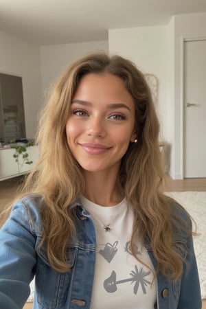 Hair- long, wavy, blonde hair, Skin- fair, olive skin, green eyes
Setting- at home, taking a selfie in her bedroom for instagram
Outfit- A white printed shirt with a denim jean jacket
Pose- Carefree: smiling, smiling with eyes 
Accessories: small dangling earrings
Instagram-Style