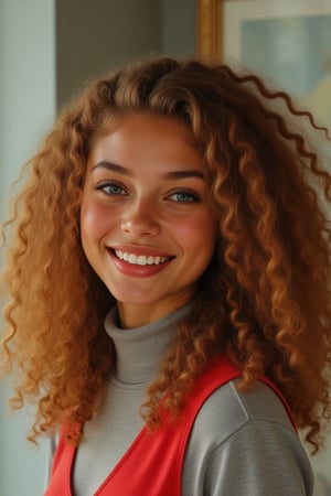 Capture a candid photo of a stunning 18-year-old girl, year-old petite teenager, young, youth, child, kid, blending Black and Spanish heritage. She has fluffy curly brown hair, Type 4 hair, lush and vibrant, long curly hair, middle part. *Softened Square Features:* 1. "Strong, yet delicate square jawline." 2. "Angular features softened by gentle curves." 3. "Square head shape with rounded edges." 4. "Feminine square face with subtle, refined lines." Describe a stunning golden brown girl with: - Curly, golden brown hair, dark brown hair- Bright hazel eyes - button nose - Full, heart-shaped lips - Warm, radiant complexion" *Setting:* - Natural light (near a window or outside) - Soft, pastel-colored background (optional) - Minimal distractions *Pose:* - Relaxed, slight subtle smile - Chin slightly tilted up - Shoulders back, confident posture - Hair styled naturally *Expression:* - Genuine, closed lips - Sparkling eyes - Subtle, natural makeup (optional) *Outfit* -  a long sleeve   grey turtle neck and a red vest *Style Influences:* - Soft focus or subtle filter - Natural colors and lighting - Authentic, effortless vibe *Capture:* - A moment of self-love and confidence - A glimpse of your personality - *Figure*-Average 5’3”, 115lbs,- "High-res" - "Ultra-detailed" - "Photorealistic" - "Sharp focus" - "Crystal clarity" - "Cinematic quality"