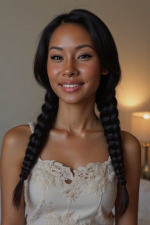 Here's the rewritten prompt in words:

"Create a stunning portrait of an 18-year-old mixed-heritage girl, blending South African and Japanese roots:

- Chilling, hanging out at home, in  her bedroom with her laptop
- Cinnamon, Mocca brown skin with subtle sheen
- Almond-shaped asian eyes, full lips, small button nose, small petite nose, braces, 
- Structured cheek bones, feminine features, 
- Long straight hair in two braids, all hair in braids, light hair out on the side
- Petite, toned physique (5'3", 125 lbs, 34" waist) head fits body, realistic body
- Chic pajamas
- Minimal makeup, natural glow
- Confident pose, bright smile, pearly white teeth

Capture her essence: American girl, mixed race, beautiful blend."

Realistic, photo real, photo realistic, real