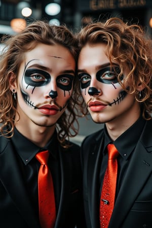 a close-up of two twin American males, white sclera, natural blonde curly curly hair, blonde hair, green eyes, emerald green eyes, skull makeup, black lipstick, muscular, toned males, abs, nose and eye brow piercing, black suit, red tie, horror_theme, posing, outdoors, night, scenery, a photorealistic, 8K, ultra-detailed, best quality, super fine illustration, detailed light, realistic lighting, symmetrical face paint, white and black,Handsome,smiling, mid long hair blonde,giaro,model, twins, two guys, standing near one another, not touching, two normal dude, two heterosexual men