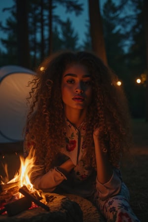 Generate an image of a stunning 18-year-old petite teenager, young, youth, child, kid, blending Cuban and Spanish heritage, dark skin, She has long fluffy curly brown curls, Type 2-3 hair, lush and vibrant, falling in loose waves down her back.

Setting:
- Outdoor: A serene forest campsite with a tent at night with stars
- Soft, warm lighting with subtle shadows and twinkling string lights
- Tall trees surrounding a cozy clearing, with a crackling campfire and rustic wooden benches
- Camping gear and equipment subtly integrated into the scene

Physical Description:
- Fair skin with a subtle, sun-kissed glow
- Bright, expressive blue eyes
- petite, slim, 

Outfit:
- Comfortable, geode earth-toned camping shirt (flannel or fleece)
- Practical hiking pants or leggings
- Warm, cozy camping jacket or hoodie
- Sturdy hiking boots

Style:
-Effortless, coastal chic
- Confident, carefree, innocent pose

Mood:
- Serene, joyful, and radiant
- Capturing the essence of a relaxed summer afternoon
Inspired by singer Tyla's vibrant energy and style, create a breathtaking image that embodies beauty, elegance, and a laid-back coastal vibe.