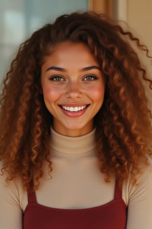 Capture a candid photo of a stunning 18-year-old girl, year-old petite teenager, young, youth, child, kid, blending Black and Spanish heritage. She has fluffy curly brown hair, Type 4 hair, lush and vibrant, long curly hair, middle part. *Softened Square Features:* 1. "Strong, yet delicate square jawline." 2. "Angular features softened by gentle curves." 3. "Square head shape with rounded edges." 4. "Feminine square face with subtle, refined lines." Describe a stunning golden brown girl with: - Curly, golden brown hair, dark brown hair- Bright hazel eyes - button nose - Full, heart-shaped lips - Warm, radiant complexion" *Setting:* - Natural light (near a window or outside) - Soft, pastel-colored background (optional) - Minimal distractions *Pose:* - Relaxed, slight subtle smile - Chin slightly tilted up - Shoulders back, confident posture - Hair styled naturally *Expression:* - Genuine, closed lips - Sparkling eyes - Subtle, natural makeup (optional) *Outfit* -  a long sleeve  beige turtle neck and a burgundy vest *Style Influences:* - Soft focus or subtle filter - Natural colors and lighting - Authentic, effortless vibe *Capture:* - A moment of self-love and confidence - A glimpse of your personality - *Figure*-Average 5’3”, 115lbs,- "High-res" - "Ultra-detailed" - "Photorealistic" - "Sharp focus" - "Crystal clarity" - "Cinematic quality"