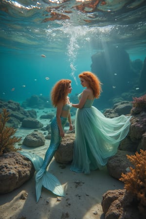 _Twinning Under the Sea and On Land_

Capture a whimsical scene featuring identical twin sisters as Ariel from The Little Mermaid. Short curly hair

_Scene:_

- Split-setting: underwater (oceanic background, coral, seaweed) and on land (coastal rocks, beach)
- Soft, dreamy lighting with pastel colors

_Characters:_

- Mermaid Ariel (one twin): shimmering tail, seashells, flowing locks
- Human Ariel (other twin): flowing gown, ocean-inspired accessories

_Action:_

- Mermaid Ariel emerging from the water or sitting on rocks
- Human Ariel standing or sitting beside her twin

_Mood:_

- Enchanting, mystical atmosphere
- Sisterly love, bonding, connecting
- having fun, relaxed, chilling 

_Style:_

- Inspired by Disney's The Little Mermaid
- Soft focus, ethereal textures
- Emphasis on twin bond and contrasting environments

_Inspiration:_

- Hans Christian Andersen's classic tale
- Disney's animated film
- Underwater and coastal photography,

SamSam, Samira, Samiya