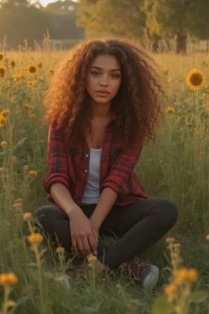 Capture a candid photo of a stunning 18-year-old girl, year-old petite teenager, young, youth, child, kid, blending Black and Spanish heritage. She has fluffy curly brown hair, Type 4 hair, lush and vibrant, long curly hair, middle part. *Setting:* outside, sitting in grass and flowers *Pose:* sitting in a park by grass and sunflowers *Expression:* either Sultry, playful, duck and mischievous. Instagram facial expressions 8Outfit:* -Oversized flannel shirt, black leggings, ankle boots, sneakers *Figure* -Average 5’3”, 125lbs