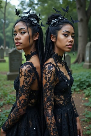 Create a stunning portrait of 18-year-old twins mixed-heritage girl, blending South African and Japanese roots:  - Cinnamon, Mocca brown skin with subtle sheen - Almond-shaped asian eyes, full lips, small button nose, small petite nose, braces, - Structured cheek bones, feminine features, 2 girls, Twins, two girls, sisters, siblings, girls, not alone, side by side, locking arms

"A hauntingly beautiful ghostly pumpkin queen reigns supreme, shrouded in mystery and darkness. Her ethereal form glows softly, illuminated by flickering candles and moonlight. Black tears trickle down her porcelain face, contrasting with the delicate, gemstone-encrusted filigree adorning her tattered, lace wedding gown.

Intricate details:

- Delicate, swirling vines and flowers in her raven-black hair
- Glittering, spider-web-like threads weaving through her gown
- Tiny, shimmering pumpkins and bats scattered throughout her attire
- Ghostly, translucent wings unfolding from her back

Setting:

- Abandoned, overgrown churchyard, with crumbling headstones and twisted trees
- Soft, eerie fog rolls in, shrouding the scene in mystery

Artistic style:
- Inspired by WLOP and Craola, blending dark fantasy and whimsy
- Hyperrealistic, ultra-detailed, and luminous, with film grain texture
- Cinematic quality, sharp focus, and crystal clarity

Mood:
- Haunting, mystical, and enchanting, with a touch of macabre whimsy,