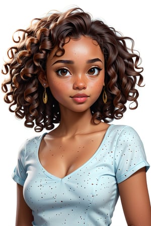 Clean Cartoon-brushstrokes Painting, crisp, simple, colored_lineart_illustration style, 1 woman, (21 years old), melanated female, brown skin, dark skin, milk chocolate girl, type 4 hair, curly hair, realism, right side profile, right side of body, right side of face, profile, whole body facing right side, mugshot, v-neck shirt, cleavage cutout, cleavage, B cup size, small breast, quirky, dimples, innocent, feminine, soft, freckles, whimsical, young, vibrant, adorable, slender/petite body shape, normal size head, head that fits body, high quality, masterpiece ,3D, square head, square face, boxy head, boxy face,