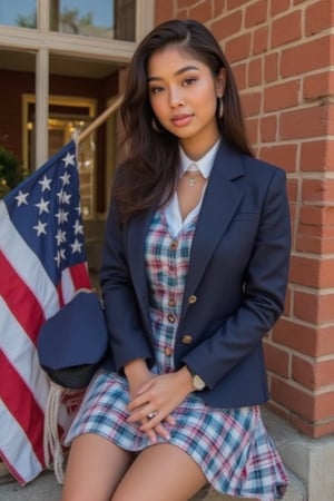 Capture Generate an image of a stunning 18-year-old woman, blending South african and Japanese heritage, darker skin but more Asian face. She has long straight/wavy hair,

"Describe a private school girl high school, school photo day, portrait in a traditional uniform:

Wearing a:
- White  blouse with a conservative collar
- Blue with red and white jumper Plaid or pleated skirt ( just above knee or shorter, not too short*)
- Navy blue or dark-colored blazer or cardigan
- White socks and black shoes (loafers or Mary Janes)

Pose:
- Sitting with hands clasped or holding a graduation hat or diploma
- Soft, gentle smile, with or without teeth 

Background:
- A warm, American flag, full brick background

Include details:
- Neat, stylish hairstyle (e.g., ponytail, loose hair)
- Minimal jewelry (e.g., simple watch, classic earrings, necklace)
- Innocent, yet captivating expression

Convey a sense of:
- Polished elegance
- Youthful charm
- Intelligent, confident demeanor"

To add subtle appeal without revealing skin:
- Emphasize the uniform's fitted silhouette
- Highlight the subject's bright, expressive eyes
- Capture a soft, natural light illuminating the scene