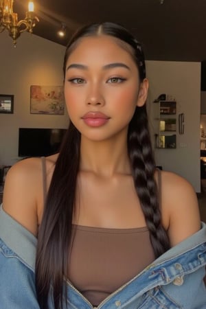 Create a stunning portrait of an 18-year-old mixed-heritage girl, blending South African and Japanese roots:

- Chilling, hanging out at home, in a coffee shop with her laptop
- Cinnamon, Mocca brown skin with subtle sheen
- Almond-shaped asian eyes, full lips, small button nose, small petite nose, braces, 
- Structured cheek bones, feminine features, 
- Long straight hair in two braids, all hair in braids, light hair out on the side
- Petite, toned physique (5'3", 125 lbs, 34" waist) head fits body, realistic body
- Asian swag, baggy clothes, brown shirt with a denim jean jacket
- Minimal makeup, natural glow
- Confident pose, bright smile, pearly white teeth

Capture her essence: American girl, mixed race, beautiful blend."

Realistic, photo real, photo realistic, real,