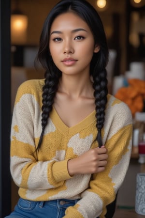 Here's the rewritten prompt in words:

"Create a stunning portrait of an 18-year-old mixed-heritage girl, blending South African and Japanese roots:

- Chilling, hanging out at home, in a coffee shop with her laptop
- Cinnamon, Mocca brown skin with subtle sheen
- Almond-shaped asian eyes, full lips, small button nose, small petite nose, braces, 
- Structured cheek bones, feminine features, 
- Long straight hair in two braids, all hair in braids, light hair out on the side
- Petite, toned physique (5'3", 125 lbs, 34" waist) head fits body, realistic body
- Asian swag, baggy clothes, yellow and white sweater, blue baggy pants
- Minimal makeup, natural glow
- Confident pose, bright smile, pearly white teeth

Capture her essence: American girl, mixed race, beautiful blend."

Realistic, photo real, photo realistic, real, braid_dutch