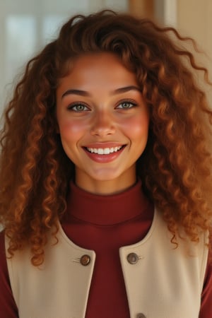 Capture a candid photo of a stunning 18-year-old girl, year-old petite teenager, young, youth, child, kid, blending Black and Spanish heritage. She has fluffy curly brown hair, Type 4 hair, lush and vibrant, long curly hair, middle part. *Softened Square Features:* 1. "Strong, yet delicate square jawline." 2. "Angular features softened by gentle curves." 3. "Square head shape with rounded edges." 4. "Feminine square face with subtle, refined lines." Describe a stunning golden brown girl with: - Curly, golden brown hair - Bright hazel eyes - button nose - Full, heart-shaped lips - Warm, radiant complexion" *Setting:* - Natural light (near a window or outside) - Soft, pastel-colored background (optional) - Minimal distractions *Pose:* - Relaxed, slight subtle smile - Chin slightly tilted up - Shoulders back, confident posture - Hair styled naturally *Expression:* - Genuine, closed lips - Sparkling eyes - Subtle, natural makeup (optional) *Outfit* -  a long sleeve burgundy turtle neck and a cream vest *Style Influences:* - Soft focus or subtle filter - Natural colors and lighting - Authentic, effortless vibe *Capture:* - A moment of self-love and confidence - A glimpse of your personality - *Figure*-Average 5’3”, 115lbs,- "High-res" - "Ultra-detailed" - "Photorealistic" - "Sharp focus" - "Crystal clarity" - "Cinematic quality"