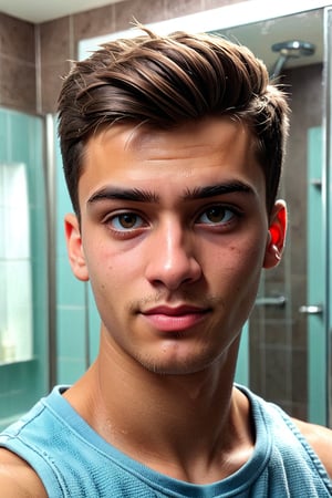 1 boy, (21 years old), short hair, perfect hair, light skin, white, Italian brown, realism, cool, Nonchalant, home, bathroom, conservative, chad, chizzled, bad boy, thug, mean mug, mean face, Instagram, selfie, handsome, cool, masculine, hard, innocent, happy, young, vibrant, cute, slender/slim body shape, normal size head, head that fits body, high quality, masterpiece , 3D, background of home, back up from the camera, half body, upper torso, stomach, chest, side smile, very subtle smile