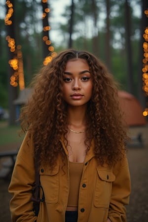 Generate an image of a stunning 18-year-old petite teenager, young, youth, child, kid, blending Black and Spanish heritage. She has fluffy curly golden brown hair, Type 4 hair, lush and vibrant, falling in loose waves down her back.

Setting:
- Outdoor: A serene forest campsite with a tent at noon
- Soft, warm lighting with subtle shadows and twinkling string lights
- Tall trees surrounding a cozy clearing, with a crackling campfire and rustic wooden benches
- Camping gear and equipment subtly integrated into the scene

Physical Description:
- Fair skin with a subtle, sun-kissed glow
- Bright, expressive hazel eyes

Outfit:
- Comfortable, earth-toned camping shirt (flannel or fleece)
- Practical hiking pants or leggings
- Warm, cozy camping jacket or hoodie
- Sturdy hiking boots

Style:
-Effortless, coastal chic
- Confident, carefree, innocent pose

Mood:
- Serene, joyful, and radiant
- Capturing the essence of a relaxed summer afternoon
Inspired by singer Tyla's vibrant energy and style, create a breathtaking image that embodies beauty, elegance, and a laid-back coastal vibe.