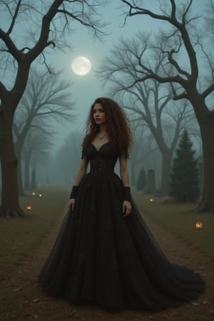 Capture a candid photo of a stunning 18-year-old girl, year-old petite teenager, young, youth, child, kid, blending Black and Spanish heritage. She has fluffy curly brown hair, Type 4 hair, lush and vibrant, long curly hair, middle part. 

"A hauntingly beautiful ghostly widow stands amidst a moonlit, abandoned cemetery, surrounded by crumbling headstones and twisted, gnarled trees. Her long, flowing black dress billows in the wind, with delicate, lace trim shimmering like spider silk.

Intricate details:

- Delicate, silver-encrusted locket containing a faded photo
- Black veil framing her porcelain face, with tears etched into her cheeks
- Ghostly, translucent roses woven into her hair
- Tiny, glowing lanterns scattered at her feet

Setting:

- Forgotten, rural cemetery, with overgrown grass and vines claiming the gravestones
- Soft, eerie fog rolls in, shrouding the scene in mystery

Mood:

- Haunting, mystical, and melancholic, with a touch of supernatural longing