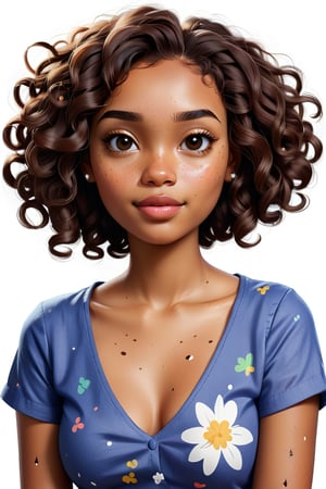 Clean Cartoon-brushstrokes Painting, crisp, simple, colored_lineart_illustration style, 1 woman, (21 years old), melanated female, brown skin, do you know what a black girl looks like? chocolate skin, chocolate girl, dark skin, type 4 hair, curly hair, realism, v-neck shirt, cleavage cutout, cleavage, B cup size, small breast, medium density, short hair, square chin, slinder face, petite face, slim face, small mouth, small smile, plump lips, sunken in cheeks, longer more boxy head, jaw line, brown on brown hair, quirky, dimples, innocent, feminine, soft, freckles, whimsical, young, vibrant, adorable, slender/petite body shape, normal size head, head that fits body, high quality, masterpiece ,3D her head is still too round for my taste, more square, square forehead, strong cheek bones, plump lips, small teeth, small lips, feminine smile, freckles on cheeks, brown skin, curly hair, type 4, I named her Aurora Iris, bring her back please.