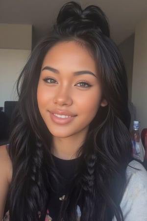 Here's the rewritten prompt in words:

"Create a stunning portrait of an 18-year-old mixed-heritage girl, blending South African and Japanese roots:

- Chilling, hanging out at home, in a coffee shop with her laptop
- Cinnamon, Mocca brown skin with subtle sheen
- Almond-shaped asian eyes, full lips, small button nose, small petite nose, braces, 
- Structured cheek bones, feminine face, feminine features, skinny face
- Long straight hair in two braids, all hair in braids, light hair out on the side
- Petite, toned physique (5'3", 125 lbs, 34" waist) head fits body, realistic body
- Asian swag, baggy clothes
- Minimal makeup, natural glow
- Confident pose, bright smile, pearly white teeth

Capture her essence: American girl, mixed race, beautiful blend."

Realistic, photo real, photo realistic, real, braid_dutch