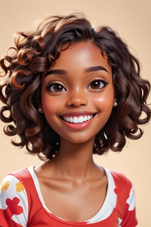 Clean Cartoon-brushstrokes Painting, crisp, simple, colored_lineart_illustration style, 1 woman, smiling, (21 years old), real, realistic, realism, melanated female, brown skin, dark skin, cinnamon brown skin, black girl, type 4 hair, dark brown hair, brown on brown hair, curly hair, short hair, almond shaped eyes, more feminine mouth, small mouth, v shaped smile, plump lips, beautiful, quirky, dimples, feminine, soft, whimsical, happy, young, vibrant, adorable, slender/petite body shape, normal size head, head that fits body, high quality, masterpiece ,3D