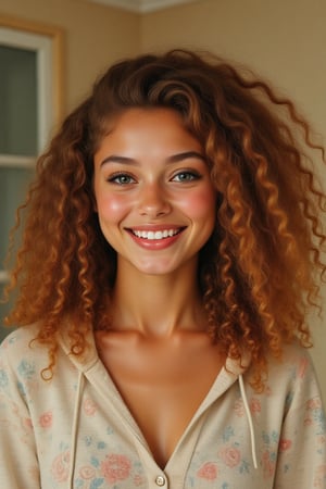 Capture a candid photo of a stunning 18-year-old girl, year-old petite teenager, young, youth, child, kid, blending Black and Spanish heritage. She has fluffy curly brown hair, Type 4 hair, lush and vibrant, long curly hair, middle part. *Softened Square Features:* 1. "Strong, yet delicate square jawline." 2. "Angular features softened by gentle curves." 3. "Square head shape with rounded edges." 4. "Feminine square face with subtle, refined lines." Describe a stunning golden brown girl with: - Curly, golden brown hair - Bright hazel eyes - button nose - Full, heart-shaped lips - Warm, radiant complexion" *Setting:* - Natural light (near a window or outside) - Soft, pastel-colored background (optional) - Minimal distractions *Pose:* - Relaxed, slight smile - Chin slightly tilted up - Shoulders back, confident posture - Hair styled naturally *Expression:* - Genuine, warm smile - Sparkling eyes - Subtle, natural makeup (optional) *Outfit* - beige printed sweater with a pull strings and a hoodie *Style Influences:* - Soft focus or subtle filter - Natural colors and lighting - Authentic, effortless vibe *Capture:* - A moment of self-love and confidence - A glimpse of your personality - A beautiful, genuine smile *Figure*-Average 5’3”, 115lbs,- "High-res" - "Ultra-detailed" - "Photorealistic" - "Sharp focus" - "Crystal clarity" - "Cinematic quality"