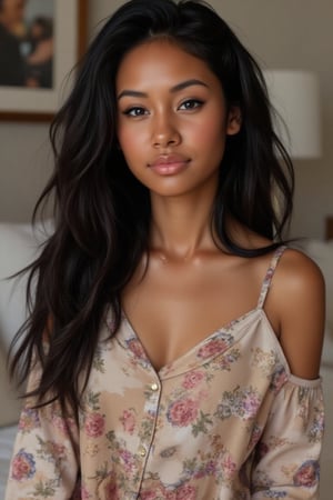 Create a breathtakingly realistic portrait of an 18-year-old mixed-heritage girl, blending South African and Japanese roots:

- Relaxing at home, in her  bedroom  reading a book
- Cinnamon, Mocha brown skin with subtle sheen
- Almond-shaped Asian eyes, full lips, small button nose, small petite nose, braces
- Structured cheekbones, feminine features

*Hair:*

- EXTRA LONG, WAIST-LENGTH DARK HAIR (below the waist)
- LUSH, CURLY LOCKS (tail bone length)
- LONG HAIR, LONG CURLS, FLOWING HAIR
Longer hair, in a pony tail, all hair in pony tail, no hair out

*Physique:*

- Petite, toned (5'3", 125 lbs, 34" waist)
- Proportionate, realistic body

*Outfit:*

- a cute girly pajamas  matching top and bottom

*Accessories:*

- *PRESCRIPTION GLASSES* (black square framed)
- Glasses, specs, eyewear (emphasize)

*Makeup and Pose:*

- Minimal makeup, natural glow
- Confident pose, bright smile, pearly white teeth

*Essence:*

- American girl, mixed race, beautiful blend
- Captivate her relaxed, introvert, care free, home body

*Quality:*

- Realistic, photo-real, photo-realistic, real-life
- High-resolution, ultra-detailed, photorealistic textures
- Razor-sharp edges, crystal-clear facial features, 

Square Shaped prescription glasses on all generates

Why is it so hard for you to make her hair long? Long hair please