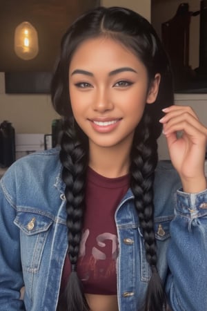 Here's the rewritten prompt in words:

"Create a stunning portrait of an 18-year-old mixed-heritage girl, blending South African and Japanese roots:

- Chilling, hanging out at home, in a coffee shop with her laptop
- Cinnamon, Mocca brown skin with subtle sheen
- Almond-shaped asian eyes, full lips, small button nose, small petite nose, braces, 
- Structured cheek bones, feminine features, 
- Long straight hair in two braids, all hair in braids, light hair out on the side
- Petite, toned physique (5'3", 125 lbs, 34" waist) head fits body, realistic body
- Asian swag, baggy clothes, maroon shirt with a denim jean jacket
- Minimal makeup, natural glow
- Confident pose, bright smile, pearly white teeth

Capture her essence: American girl, mixed race, beautiful blend."

Realistic, photo real, photo realistic, real, braid_dutch