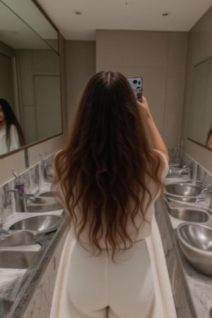 Capture Generate an image of a stunning 18-year-old woman, blending South african and Japanese heritage. She has long straight/wavy hair, resembles a blowout, lush and vibrant, falling in loose waves down her back taking a selfie in a public restroom mirror. _Setting:_ - Modern, sleek restroom with stainless steel sinks and mirrors - Dim, flattering lighting - Marble or tile flooring - Subtle background noise of running water or muted conversations _Pose:_ - Standing in front of the mirror, facing away from the camera - Smartphone held up, capturing her reflection - Relaxed, natural stance with weight shifted onto one leg - Expressive facial expression: lost in thought, smiling, or laughing _Style Influences:_ - Minimalist, contemporary aesthetics - Soft focus or shallow depth of field - Neutral color palette with pops of color from accessories - Authentic, spontaneous atmosphere _Storytelling Ideas:_ - A quick selfie before a night out - A moment of self-reflection during a busy day - A playful, carefree expression - A glimpse into her personal, private world *Figure* -Average 5’3”, 115lbs