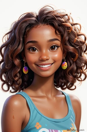 Clean Cartoon-brushstrokes Painting, crisp, simple, colored_lineart_illustration style, 1 woman, subtle smiling, (21 years old), real, realistic, realism, melanated female, brown skin, dark skin, cinnamon brown skin, black girl, type 4 hair, dark brown hair, brown on brown hair, curly hair, med hair length, freckles on face only, beautiful, quirky, dimples, feminine, soft, whimsical, happy, young, vibrant, adorable, slender/petite body shape, normal size head, head that fits body, high quality, masterpiece ,3D